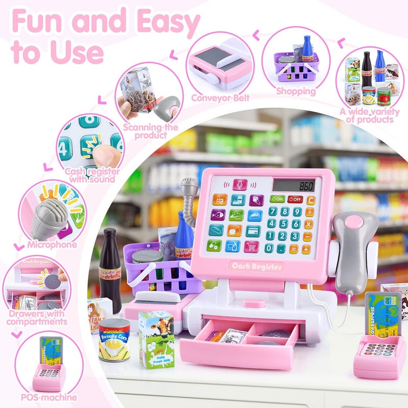 PLAY Kids Cash Register Toy - Pretend Calculator Register Toys with Microphone/Conveyors/ Money/Scanner/Credit Card/Cans/Drink, 3+ Toddler Develops Early Math Skills Learning Toys - Image 3